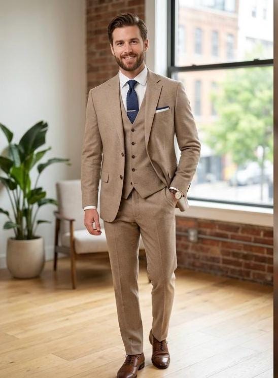 Beige 3-Piece Slim Fit Suit: Golden Attire Wedding Tuxedo