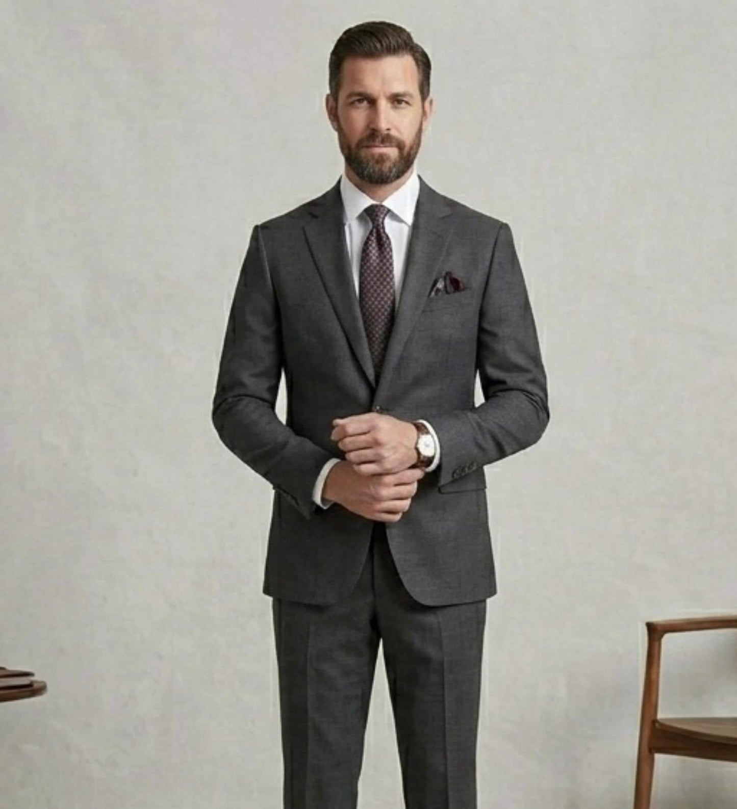 Solid Grey Terri-Rayon Three-Piece Suit, Modern Tailored Fit, Formal Wedding Attire