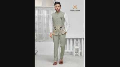 Sage Green Premium Nehru Jacket, Customizable Bandhgala Jacket for Groom