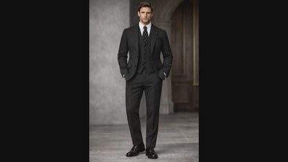 Premium Black Herringbone Tweed Wool 3-Piece Suit, Winter Wedding Groom Suit for Men