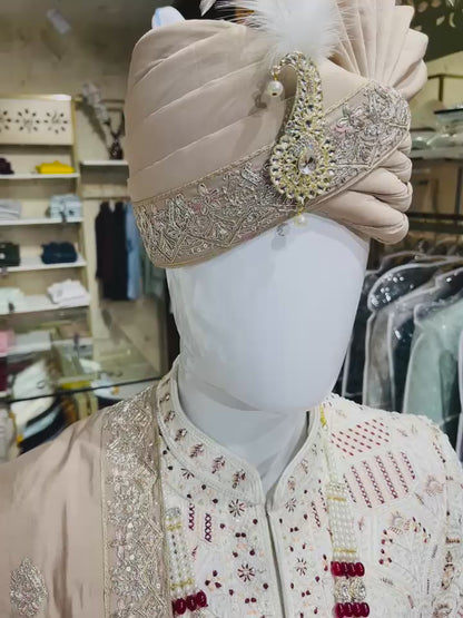 Men's Light Brown Turban & Shawl Set | Elegant Safa Stole with Embroidery for Sherwani