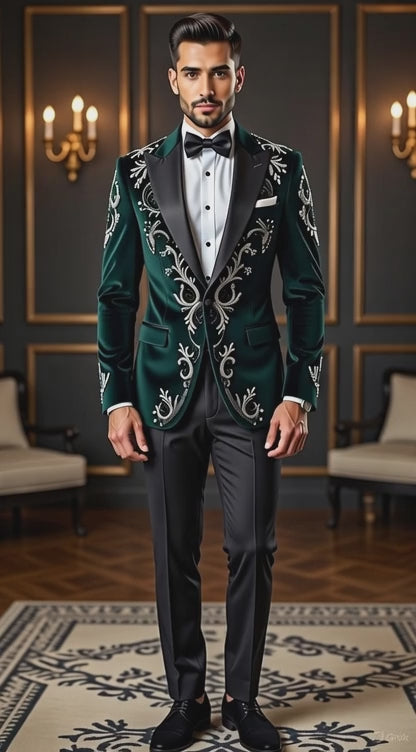 Emerald Velvet Wedding Tuxedo Suit, Zardozi & Thread Embroidered Groom Outfit