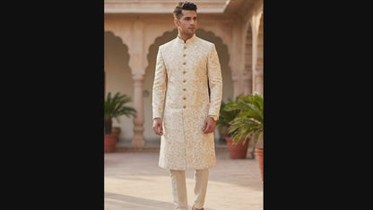 Ivory Gold Floral Brocade Sherwani, Elegant Indo-Western Groom Outfit