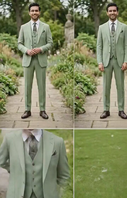 Custom Pistachio Green 3-Piece Suit, Bespoke Men's Wedding Party Attire