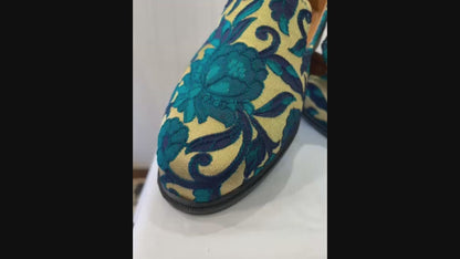 Handmade Beige & Green Mojari Loafers, Indian Groom Wedding Shoes for Sherwani