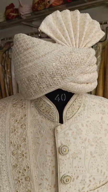Ivory Wedding Turban & Shawl Set for Groom: Indian Sherwani Safa