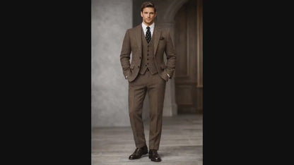 Brown Herringbone Tweed 3-Piece Wool Suit, Winter Wedding Groom Attire