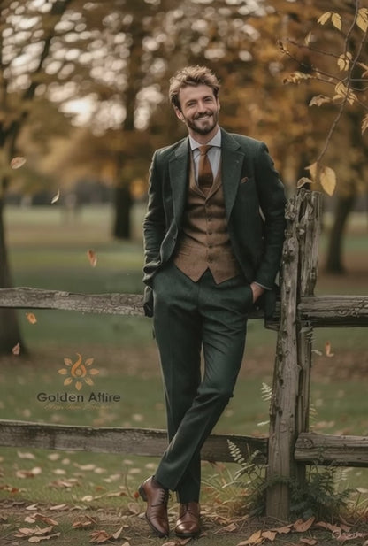 Premium Green Tweed 3-Piece Wedding Suit. Elegant Groom Outfit with brown Waistcoat