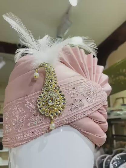 Dusty Rose Groom Shawl Stole & Safa Turban Set, Embroidery Border, for Sherwani and Kurta