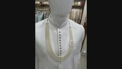 Ivory Pearl Mala for Groom, Kantha Work & Stone Brooch, Wedding Necklace