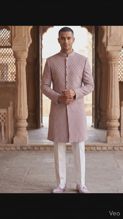 Dusty Rose Indo Western Sherwani for Groom, Elegant Achkan Set for Wedding Reception Engagement