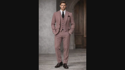 Dusty Rose Herringbone Tweed 3-Piece Suit, Premium Wool Wedding Suit for Groom