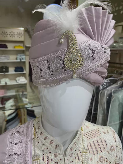 Soft Lavender Indian Groom Turban & Shawl Set, Elegant Safa with Embroidery Border for Sherwani