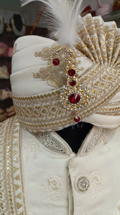 Elegant Ivory Art Silk Groom Shawl with Golden Lace & Thread Embroidery