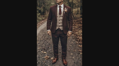 Premium Burgundy Tweed Wool Groom Suit, Elegant 3-Piece Wedding Suit
