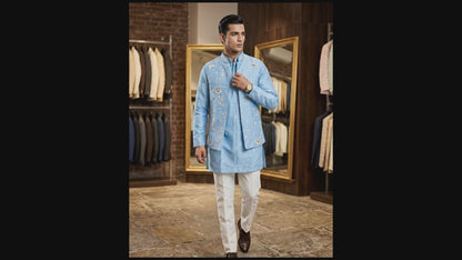 Powder Blue Elegant Groom Outfit: Embroidered Nehru Jacket Set with Kurta Pajama
