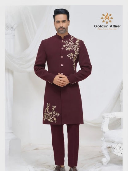 Maroon Sherwani for Groom, Zardozi & Thread Embroidered Indo-Western Sherwani, Wrinkle-Free Fabric