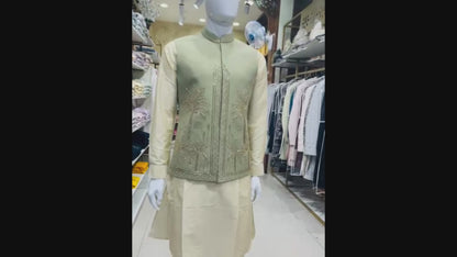 Sage Green Bandhgala Jacket with Beige Kurta Pajama Set, Zardozi Embroidered Nehru Jacket Set,