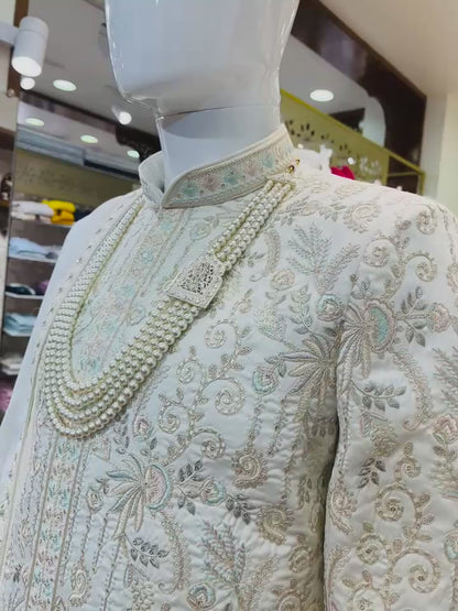 Luxury Ivory Groom Sherwani, Traditional Indian Sherwani Wedding Outfit