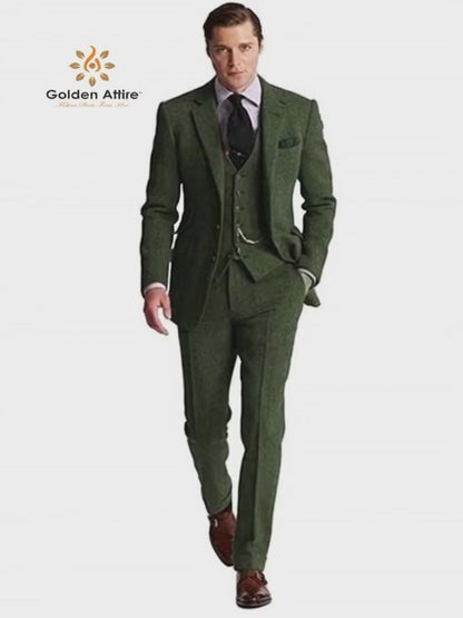 Emerald Tweed 3-Piece Wedding Suit, Premium Wool Groom Attire