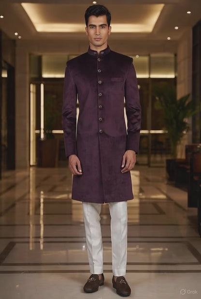 Golden Attire Royal Wine Velvet Sherwani for Groom, Indian Wedding Outfit