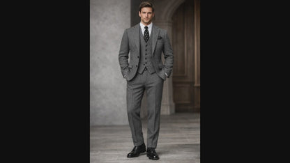 Charcoal Grey Herringbone Tweed 3-Piece Suit, Elegant Groom & Wedding Suit