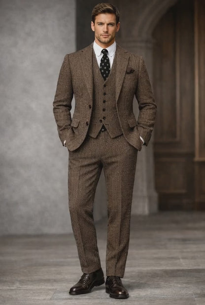 Brown Herringbone Tweed 3-Piece Suit, Premium Wool Winter Wedding Suit for Groom