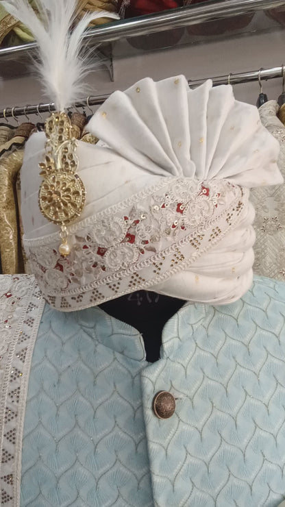 Ivory Indian Wedding Turban & Shawl Set for Men, Groom Safa Stole with Embroidery Border for Sherwani