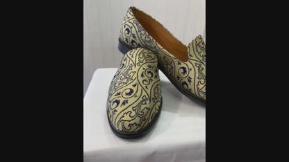 Handmade Beige & Navy Blue Mojari Loafers for Groom, Elegant Sherwani Shoes