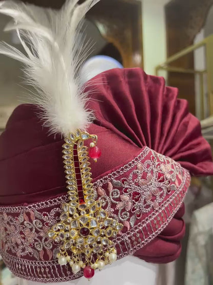 Maroon Wedding Safa Turban & Shawl Set for Groom, Embroidery Border Sherwani Pagri
