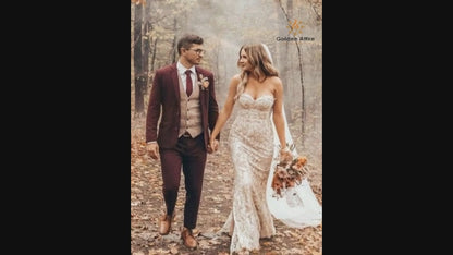 Premium Burgundy Tweed Wool Groom Suit, Elegant 3-Piece Wedding Suit
