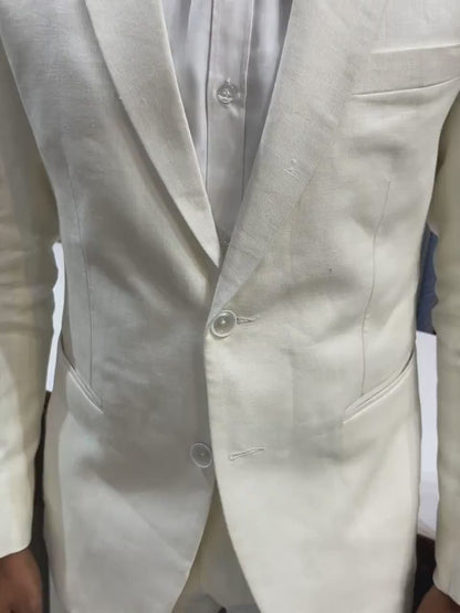 Cream Linen Double Breasted Suit, Slim Fit Wedding Groom Suit
