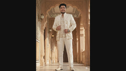 Ivory Premium Bandhgala Suit for Men, Indo Western Groom Wedding Jacket Set