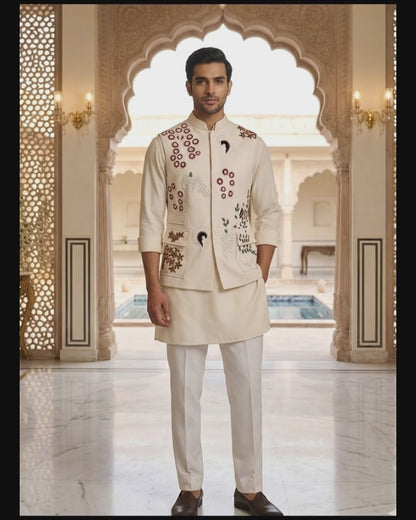 Ivory Artisan Nehru Jacket, Jacket Set for Wedding Groom