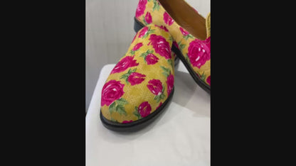 Mustard Yellow Floral Wedding Loafers, Handmade Mojari for Sherwani