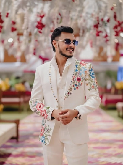 Off-White Zardozi Embroidered Elegant Groom Suit, Hand-Blocked Printing, Custom Indian Wedding Outfit