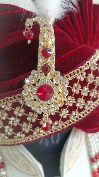 Red Wedding Turban & Shawl Set: Indian Groom Sherwani Safa Combo