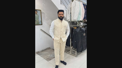 Premium Ivory Linen Bandhgala Nehru Jacket, Groom Wedding Jacket