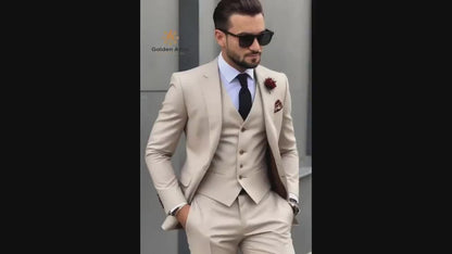 Beige Terry Rayon Three-Piece Suit, Elegant Wedding Groom Suit