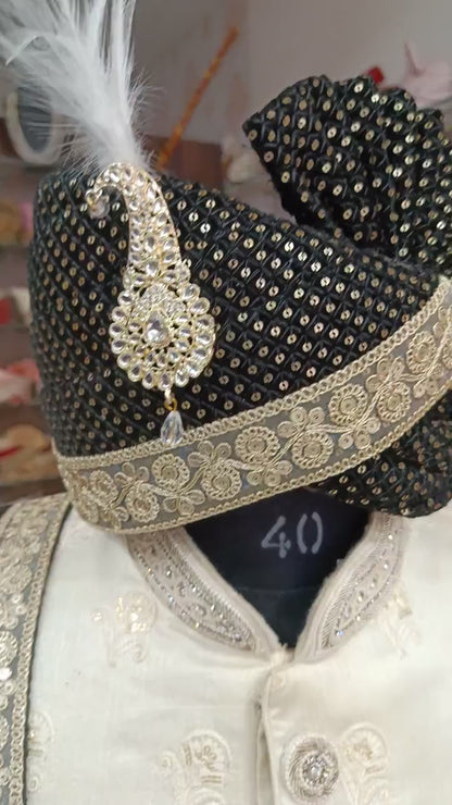 Black Velvet Groom Turban & Shawl Set: Golden Lace, Detachable Kalangi
