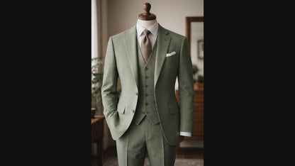 Sage Green Premium Tweed Wool Three-Piece Suit, Winter Wedding Groom Suit