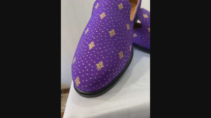 Handmade Indian Wedding Mojari Loafers for Men | Purple & Beige Elegant Groom Shoes for Sherwani