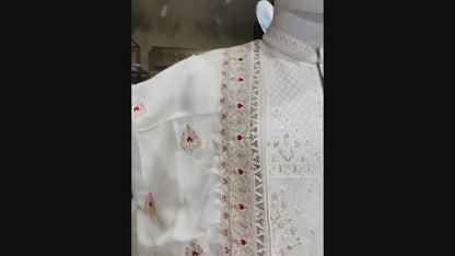 Ivory Groom Wedding Shawl & Turban Set, Pink Embroidered Border, Sherwani Safa for Groom
