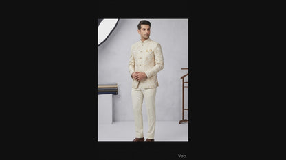 Men's Ivory Bandhgala Jodhpuri Suit, Indian Wedding Groom Outfit with Cream Trousers