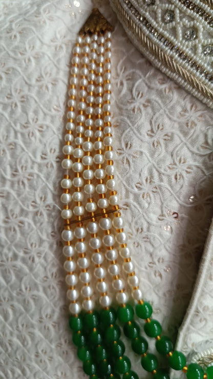 5-Layer Pearl Groom Necklace for Wedding, Green Ivory Kantha Mala with Gold Stone
