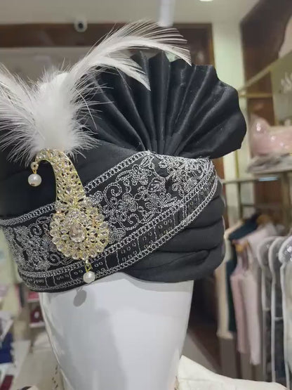 Groom Black Safa Turban & Shawl Set, Sherwani Pagri with Grey Embroidery