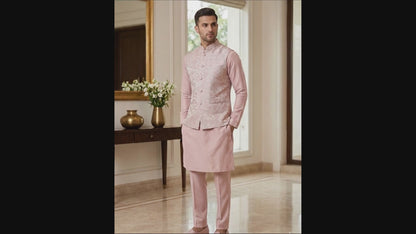 Blush Pink Floral Brocade Kurta Pajama Set with Jacket, Groom Wedding Nehru Bandi