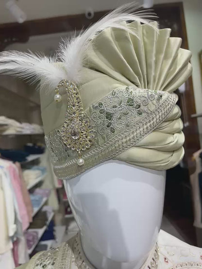 Gold Safa Turban & Shawl Set for Indian Wedding, Elegant Sherwani Accessory for Groom