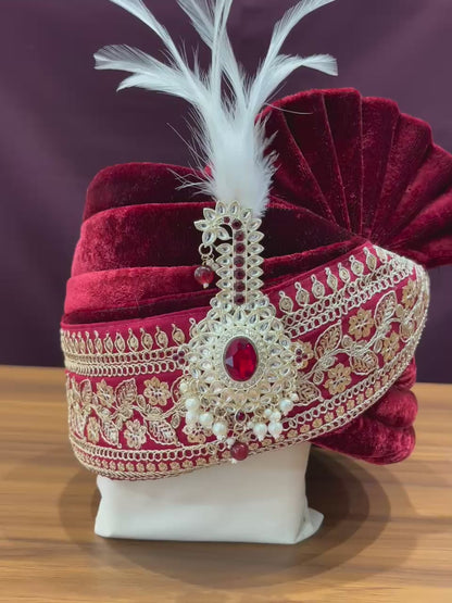 Ivory Groom Turban Brooch Kalangi & Inbuilt Maroon Diamond | Free Worldwide Shipping | Golden Attire