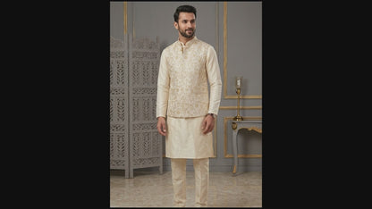 Men's Ivory Gold Brocade Kurta Pajama Set with Jacket